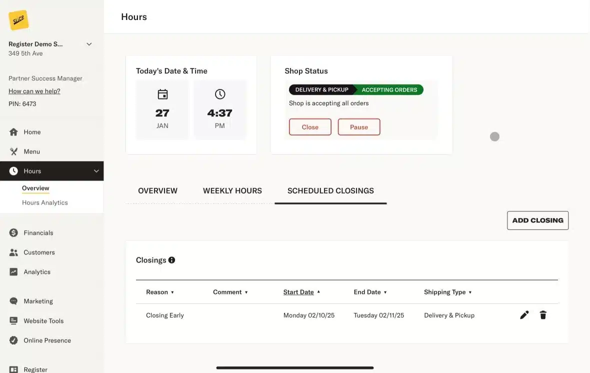 Screenshot+ +Slice Owner%E2%80%99s+Portal Hours Overview Scheduled+Closings