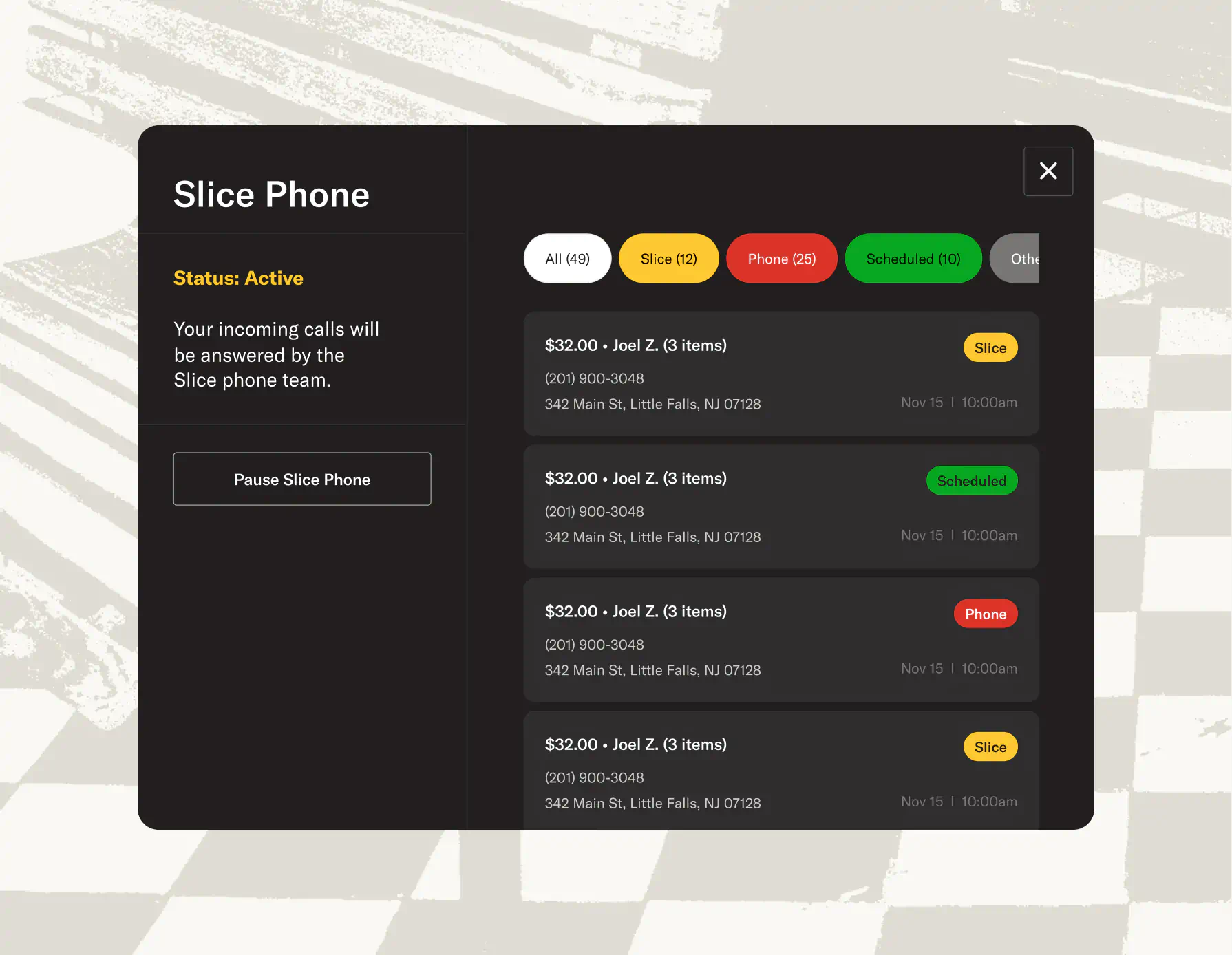 Slice phone ordering service answering calls for an independent restaurant